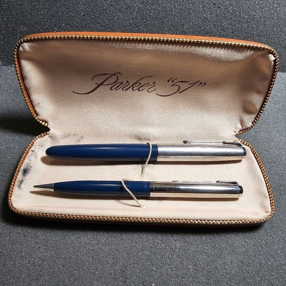 Vintage Parker 51 fountain Pen & Pencil Set Navy Blue And Silver Tone With Case - Picture 1 of 15